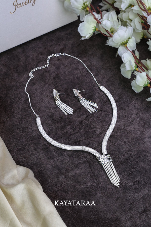 Crystal Baguette Tassel Necklace Set