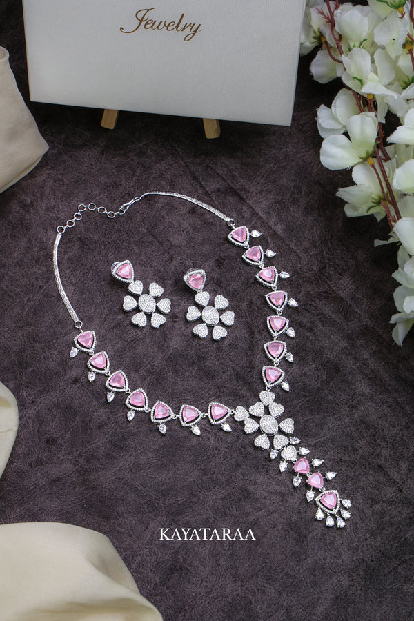 Pink Quartz Triangle Necklace Set